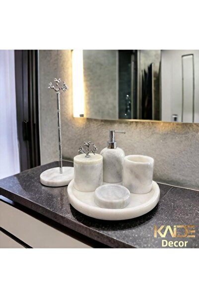 KaideDekor طقم حمام رخامي أبيض مكون من 6 قطع