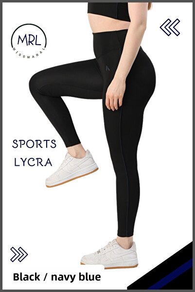 missmaral Women's High Waist Recovery Sports Tights Black / Navy Blue Stripe Detailed Lycra Diver 1041