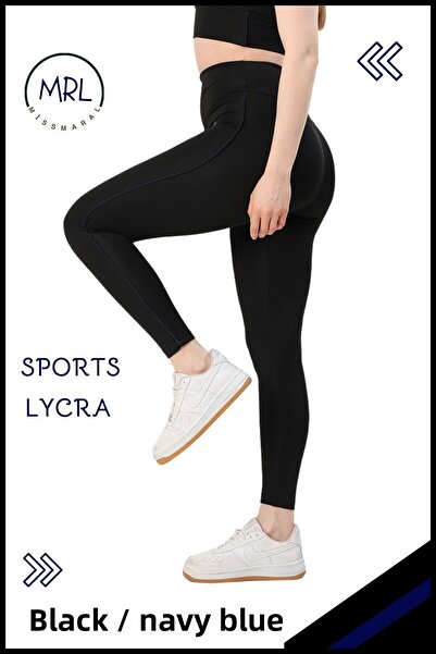 missmaral Women's High Waist Recovery Sports Tights Black / Navy Blue Stripe Detailed Lycra Diver 1041