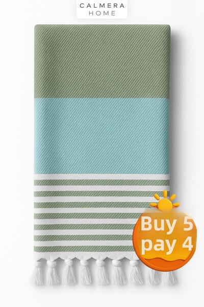Calmera Natura Peshtemal | Bumbac - Natural cu franjuri | Prosop de plajă, piscină, spa, saună, sport, voiaj - Mentă