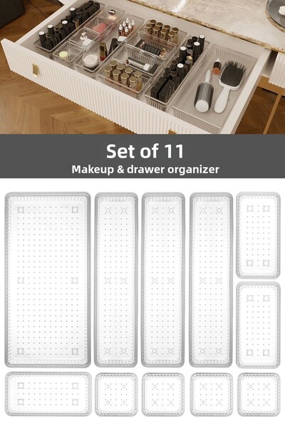 Meleni Home 11-piece Transparent Organizer - Cosmetic Jewelry and Makeup Organizer, In-cabinet Use