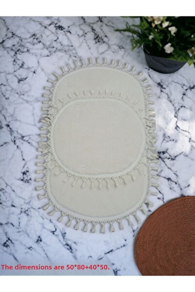 Altun 2-Piece 3-Piece Cream Modern Simirna Decorative Plush Oval Pompom Fringed Toilet Seat 50*80 40*50