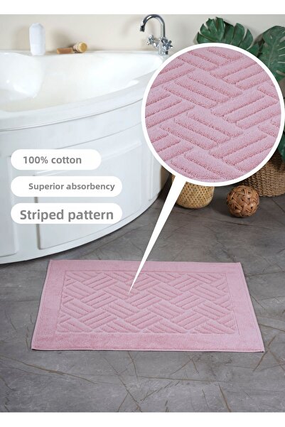 Ellaline 2 Pack Foot Towel 100% Cotton Certified, Stone and Striped Patterned Jacquard Bath Mat Pink 50X70Cm