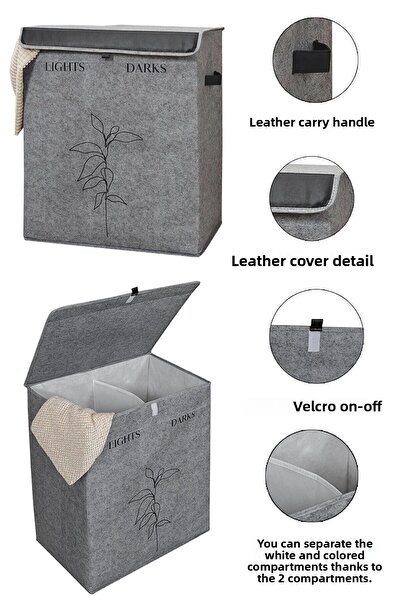 Nisahometeks Luxus 2 rekeszes filc szennyeskosár - híg bőr részletekkel, 53*33*60 cm