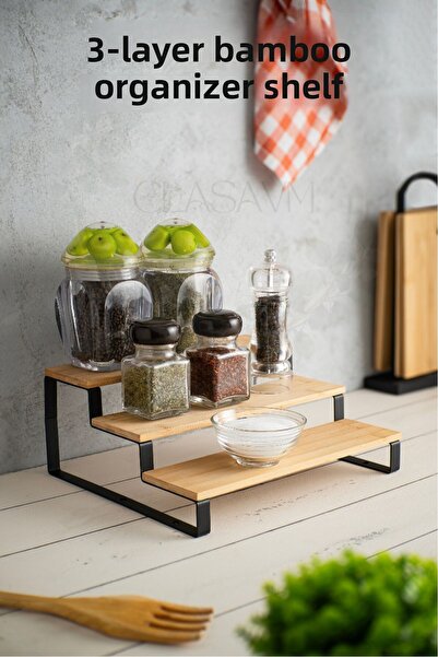 clasavm Ράφι οργάνωσης από μπαμπού 3 επιπέδων για κουζίνα και πολλαπλών χρήσε...