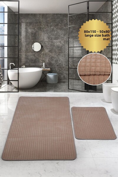Bonny Home Kare Plus Mink 80X150 + 50X80 cm Large Size Bath Mat Non-Slip Base Washable Toilet Set