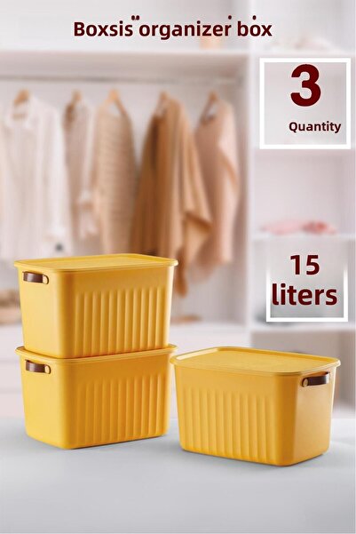 Bayev Boxs 3 Pieces Yellow 15 Lt Organizer Box with Lid Storage Decorative In-Cabinet Organizer