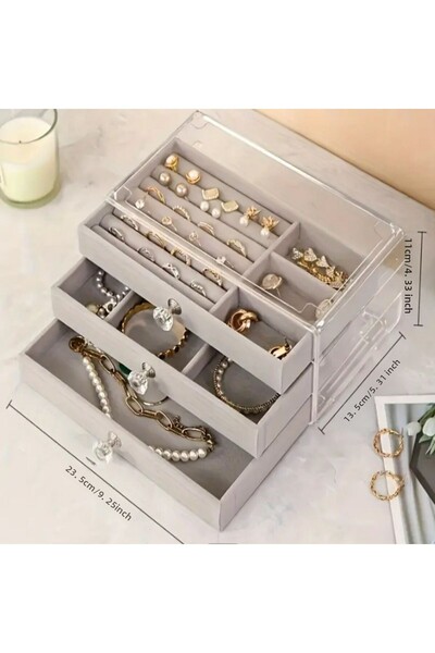 manoir store Luxury 3 Layer Acrylic Velvet Jewelry Box Earring Necklace Watch Bangle Organizer