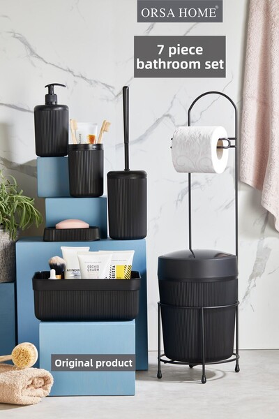 ORSA HOME طقم حمام أسود مكون من 7 قطع مع حامل معدني وحامل ورق للمرحاض وصندوق مستحضرات التجميل مع حامل فرشاة الأسنان وحامل الصابون