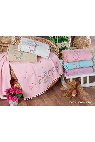 AYHANHOME Pompom Lattice Embroidered Velvet 6 Pieces 50x90 Velvet Hand And Face Towel Set