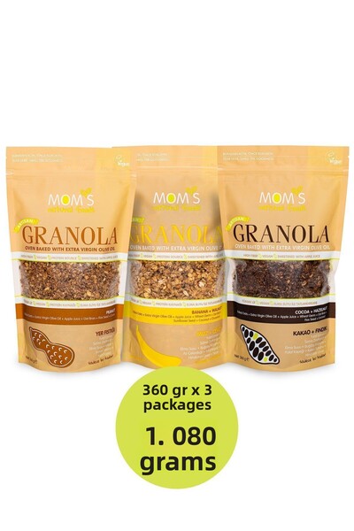 Mom's Natural Foods 3 عبوات من الجرانولا بالفستق - 360 جم/الموز-الجوز 360 جم/الكاكاو-فنديك 360 جم