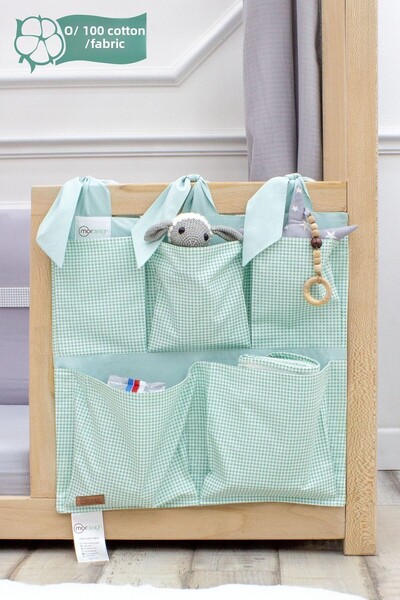 mordesign Mint Colored Newborn Crib Side Organizer - 5 Pocket Baby Room Organizer, Plaid Pattern