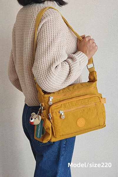 FCSTORE Yellow Women's Strappy Crossbody Bag Mega Messenger Bag Klinkır Multi-Compartment Shoulder Bag Krinkıl Nemobags