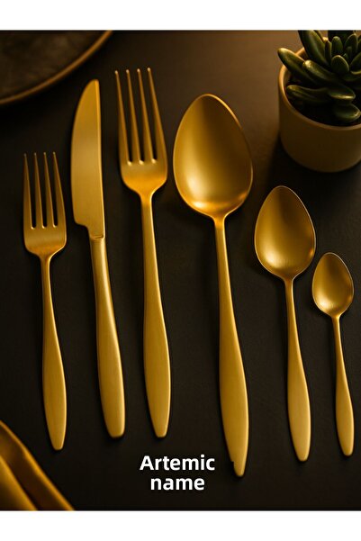 DMR LİFE Gold Dine 60 Piece 12-Person Cutlery Set with Box (Matte Gold)