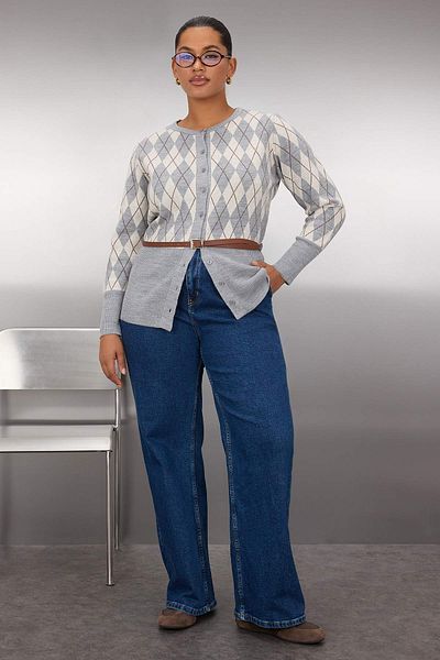 Trendyol Curve Gray Diamond Patterned Jacket Look Knitwear Cardigan Tbbaw26Av00004