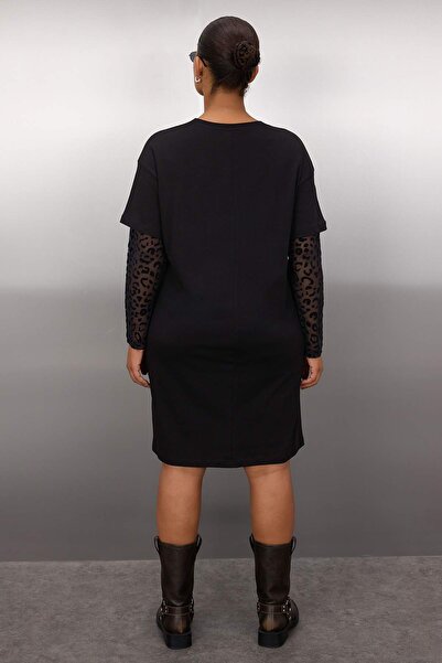 Trendyol Curve Μαύρο μανίκι με λαιμόκοψη Πλεκτό φόρεμα μεγάλου μεγέθους TBBAW26AH00012