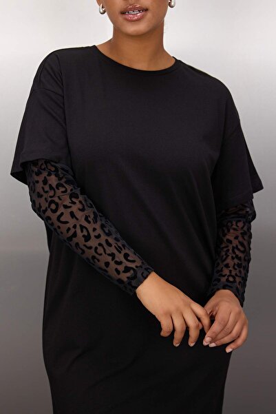 Trendyol Curve Μαύρο μανίκι με λαιμόκοψη Πλεκτό φόρεμα μεγάλου μεγέθους TBBAW26AH00012