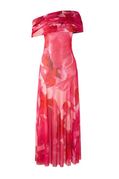 Trendyol Collection Φούξια σε γραμμή Α με λουλουδάτο μοτίβο Carmen γιακά Maxi Κομψό βραδινό φόρεμα για επιστροφή στο σπίτι TPRSS25EL00320