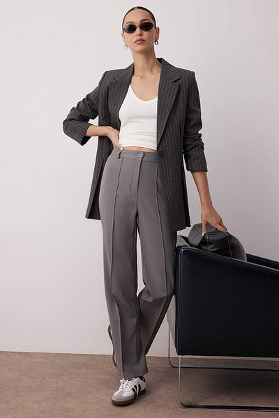 Trendyol Collection Gray Straight Cut High Waist Ribbed Stitched Woven Trousers TWOSS21PL0093