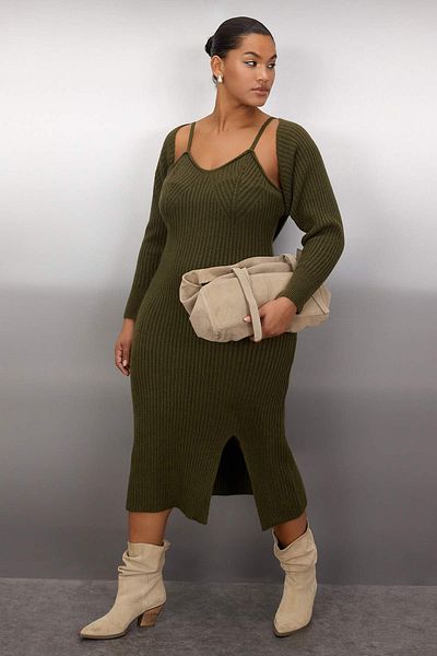 Trendyol Curve Khaki Knitwear Midi Dress and Bolero Set - Ribbed and Slit Tbbaw25Ah00070