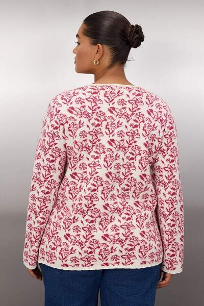 Trendyol Curve Rózsaszín virágmintás puha tapintású kötöttáru kardigán szalaggal/ masnival TBBAW26AV00006