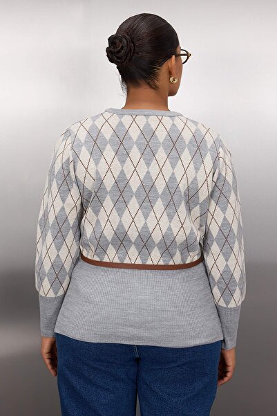 Trendyol Curve Gray Diamond Patterned Jacket Look Knitwear Cardigan Tbbaw26Av00004