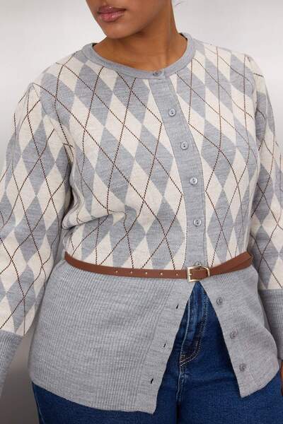 Trendyol Curve Gray Diamond Patterned Jacket Look Knitwear Cardigan Tbbaw26Av00004