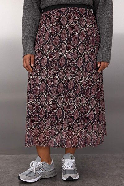 Trendyol Curve Καφέ A- Line Snake Print Πλεκτή Φούστα από τούλι Plus Size TBBAW25AZ00006