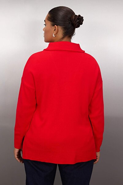 Trendyol Curve Piros lehúzható galléros cipzáras kötöttáru pulóver TBBAW26AN00015