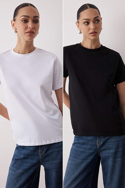 Trendyol Collection Black-White 100% Cotton Long Knitted T-Shirt on the Back Twoaw26Ts00008