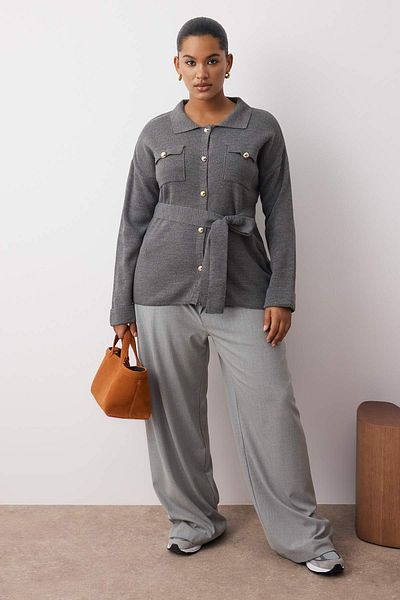 Trendyol Curve Cardigan tricotat cu guler polo cu centură antracit TBBAW26AV00005
