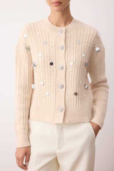Trendyol Collection Stone Sequined Mother of Pearl Button Soft Textured Knitwear Cardigan Twoaw26Hi00002