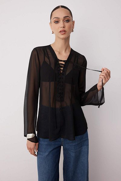 Trendyol Collection Μαύρη σιφόν διαφανής μπλούζα με λεπτομέρεια ύφανσης TWOAW26BZ00118