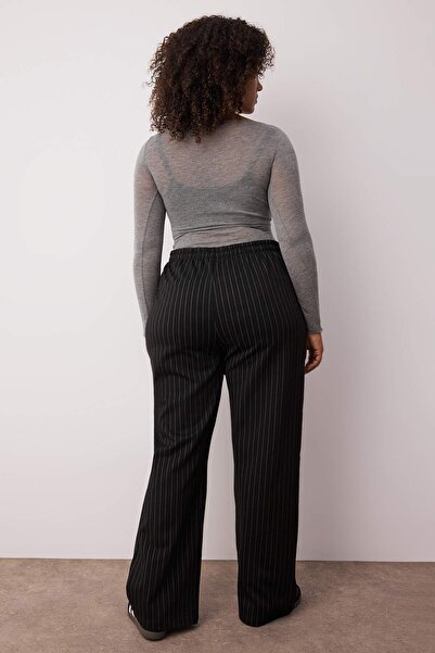 Trendyol Curve Black Thick Striped Straight/Straight Cut Stretchy Knitted Large Size Pants Tbbaw26Ar00008