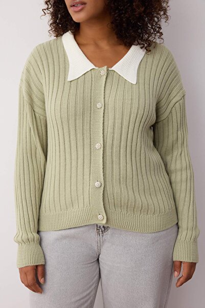 Trendyol Curve Mátový kardigan s knoflíky a detailem žebrovaného límce TBBAW23AV00084