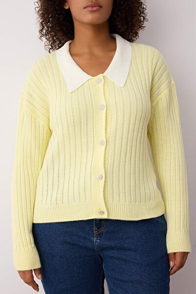 Trendyol Curve Sárga, bordázott gallérrészletes, gombos kötöttáru-kardigán TBBAW23AV00084