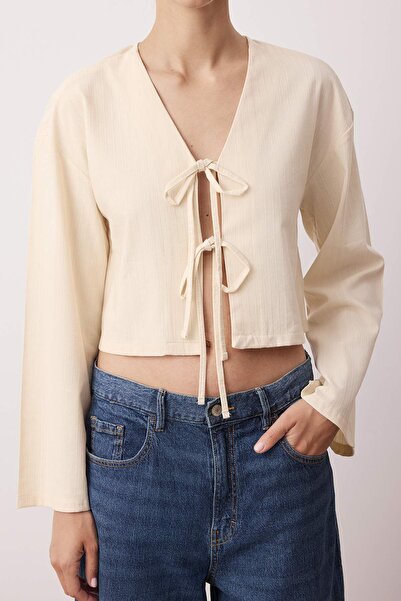 Trendyol Collection Beige Tie Detail Striped Shirt Twoss24Go00247