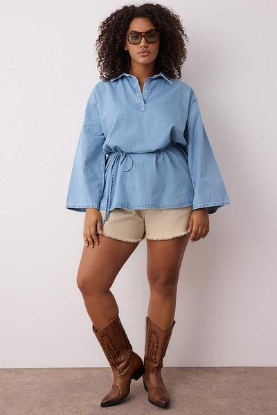 Trendyol Curve Blue Oversize Denim Plus Size Shirt Tbbaw26Ax00003
