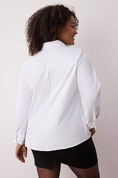 Trendyol Curve Ecru Bow Detailed Long Sleeve Woven Large Size Shirt Tbbaw26Ax00005