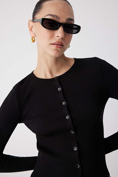 Trendyol Collection Black Mercerized Look Ribbed Knitwear Cardigan Twoaw26Hi00118