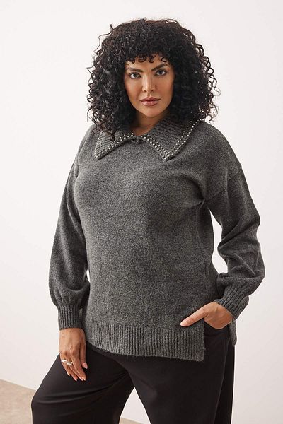 Trendyol Curve Pulover de tricotaj cu detaliu de piatră cu guler gri TBBAW26AN00001