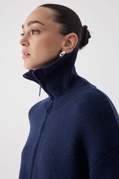 Trendyol Collection Navy Blue Turn-Down Collar Soft Texture Wide Fit Zippered Knitwear Cardigan Twoaw26Hi00092