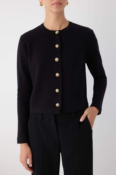 Trendyol Collection Wardrobe Essentials Black Button Detailed Crop Premium/Special Yarn Knitwear Cardigan |   Twoaw26Hi000940
