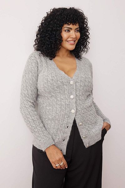 Trendyol Curve Gray Hair Braided Gem Button Soft Feel Knitwear Cardigan Tbbaw26Av00009