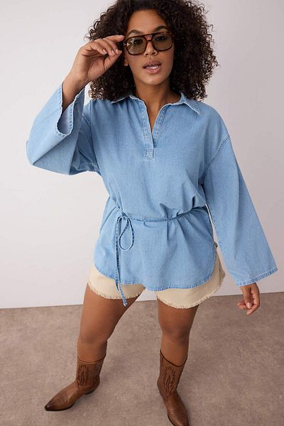 Trendyol Curve Blue Oversize Denim Plus Size Shirt Tbbaw26Ax00003