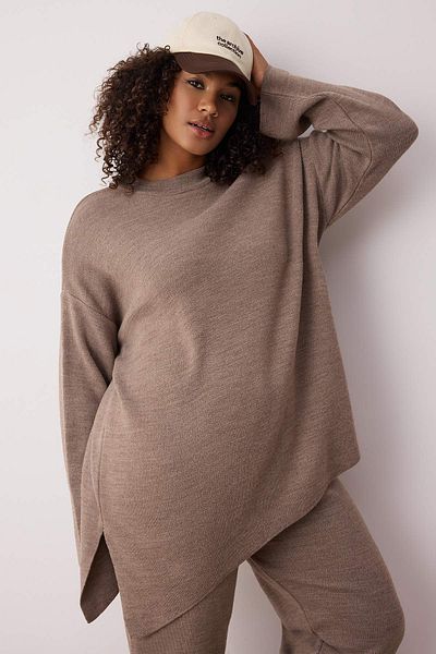 Trendyol Curve Mink Stand Collar Slit Detailed Knitwear Bottom-Top Suit Tbbaw24Cp00013