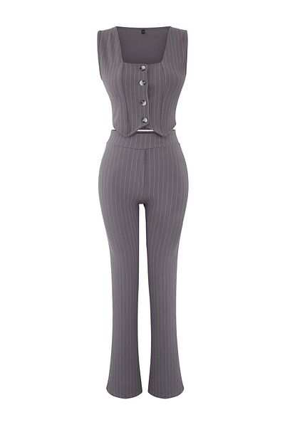 Edit by Trendyol Flexible Gray Knitted Set - Regular Fit, Buttoned - TEDAW25AU00002