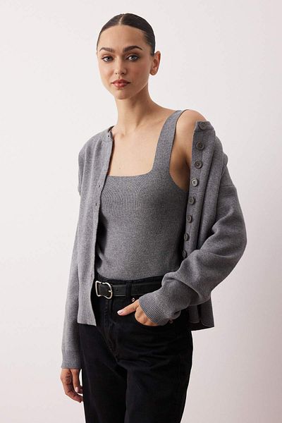 Trendyol Collection Anthracite 2-Piece Premium Yarn/Special Yarn Crew Neck Basic Knitwear Cardigan-Blouse Set Twoaw26Hi00124