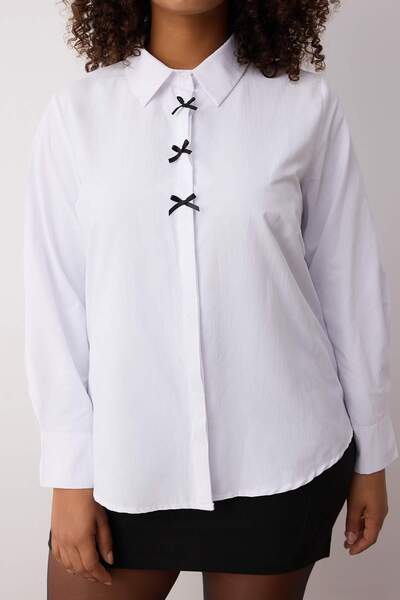 Trendyol Curve Ecru Bow Detailed Long Sleeve Woven Large Size Shirt Tbbaw26Ax00005