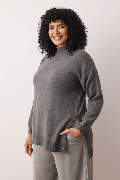 Trendyol Curve Pulover de tricotaj cu gât roscat cu detaliu nasturi antracit TBBAW24AN00076